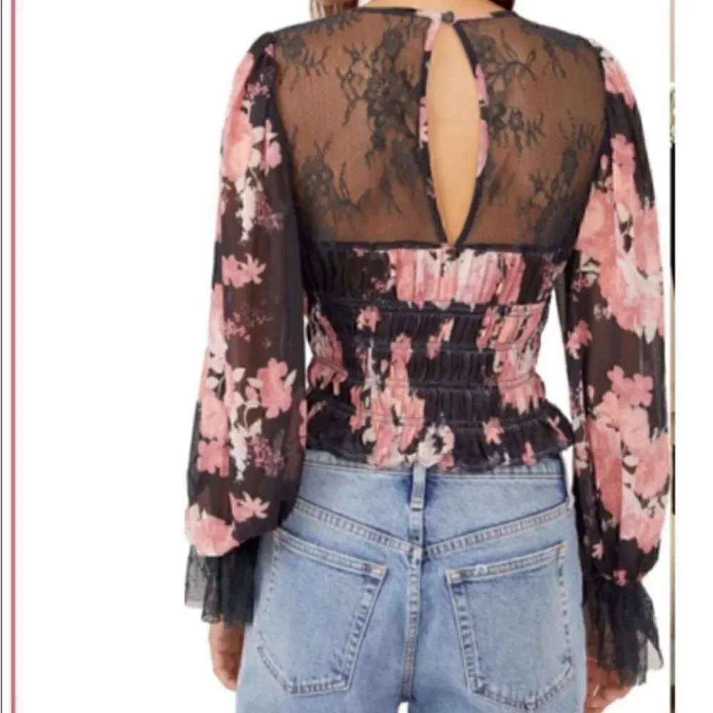 FREE PEOPLE NWT Black Lace Pink Beige Floral Boho Blouse  Top Long Sleev…